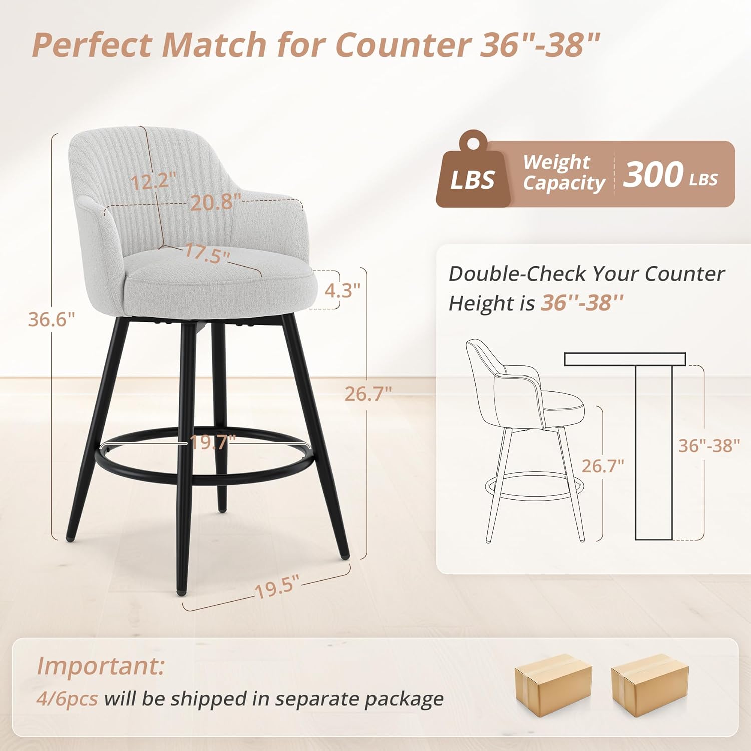 LUE BONA Swivel Bar Stools Set of 3, 26" Counter Height Bar Stools with Ergonomic Semi-Enclosed Back, Fabric Upholstered Barstools with Spring Cushion for Kitchen Island, Light Gray