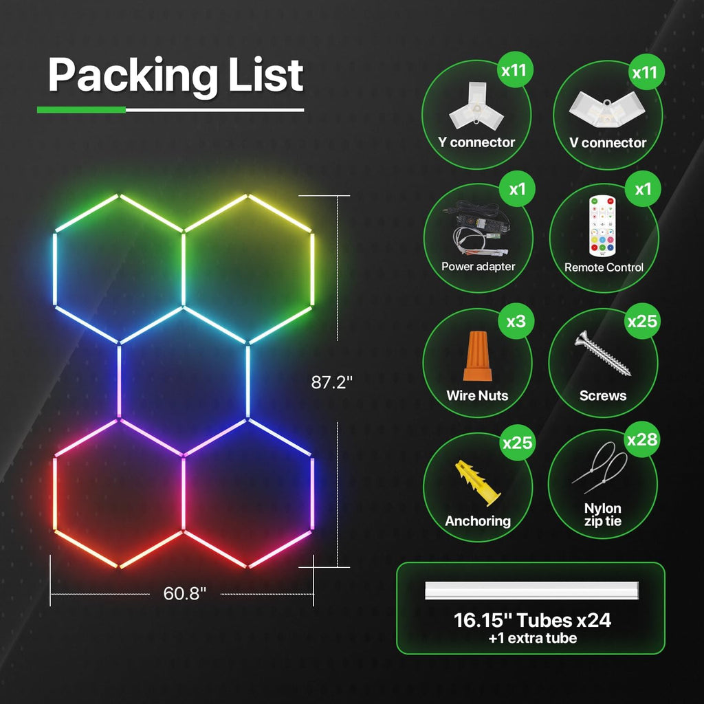 Glitgate RGB Hexagon Garage Lights, LED Hex Lights with App & Remote Control, DIY Modular Honeycomb Lighting System, Music Sync Dimmable Smart Ceiling Light Fixture for Gym, Shop, Gaming Room