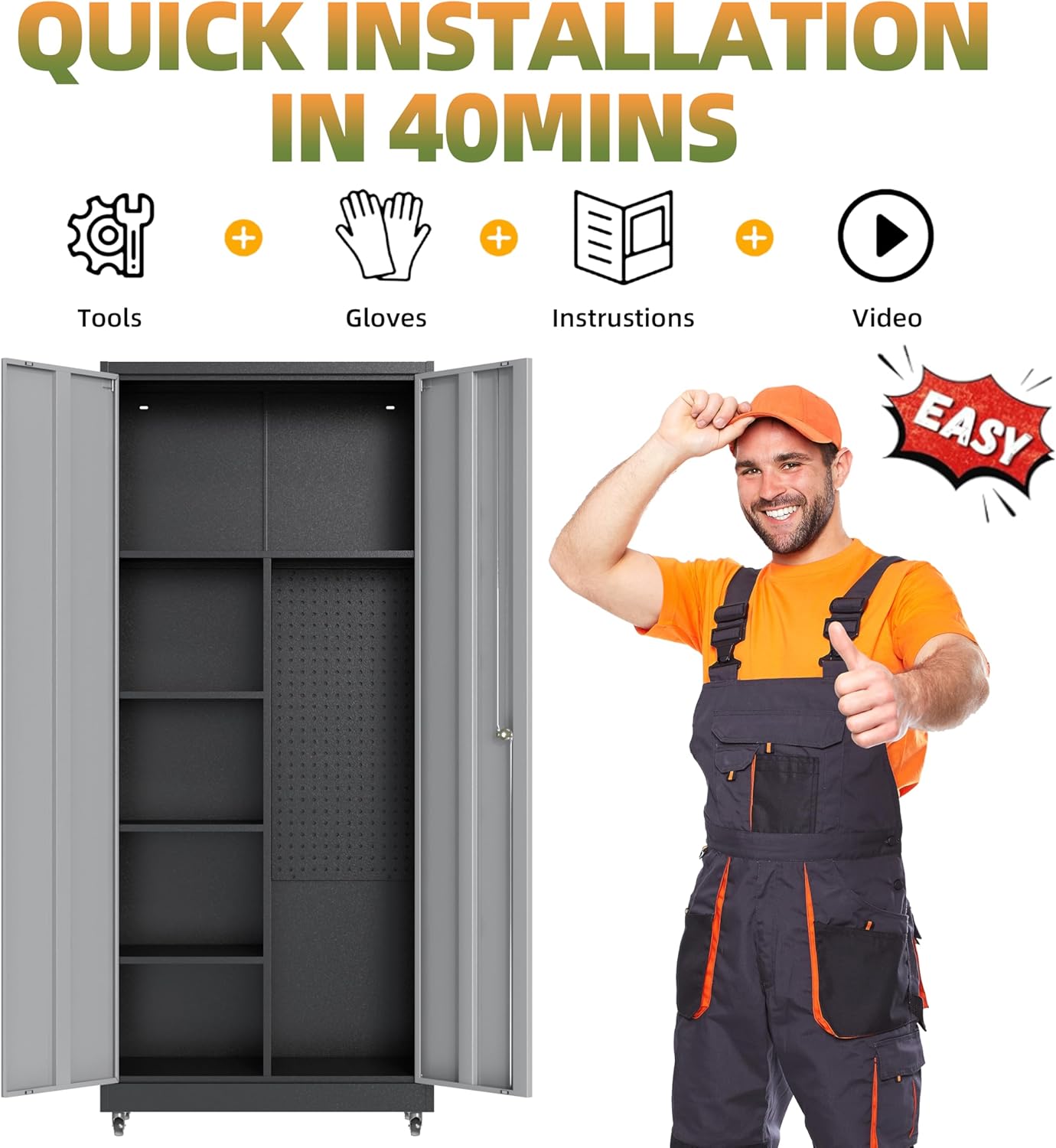 Metal Garage Storage Cabinet with Wheels, Locking Broom Closet Storage Cabinet with Adjustable Shelves, 71" H Tool Cabinet for Utility Room, Workshop, Warehouse