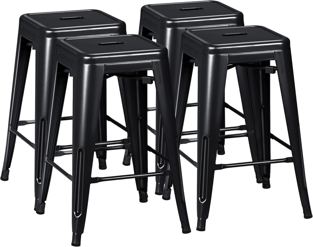 Furmax 24 Inch Metal Bar Stools Set of 4, Counter Height Bar Stools Height High Backless Stools Industrial Stackable Bar Chairs for Dining Room Kitchen Indoor Outdoor Stools Bar Chairs (Black)