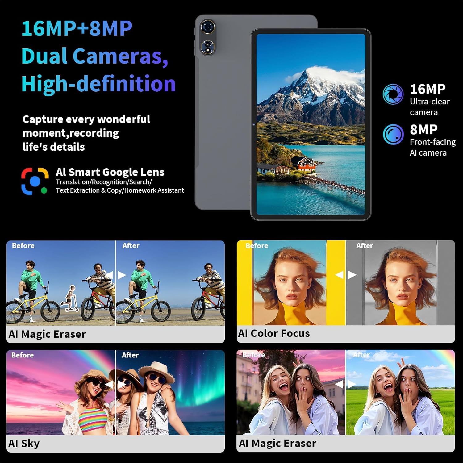 2026 12 Inch Large Tablet, Android 16 Tablet with Keyboard, 24GB+256GB+2TB Expand, Tablets PC with 2K Gemini AI, 8000mAh, Octa-Core, 16+8MP, 2 in 1 Tablets with Case, Mouse, Stylus (Silver Case)