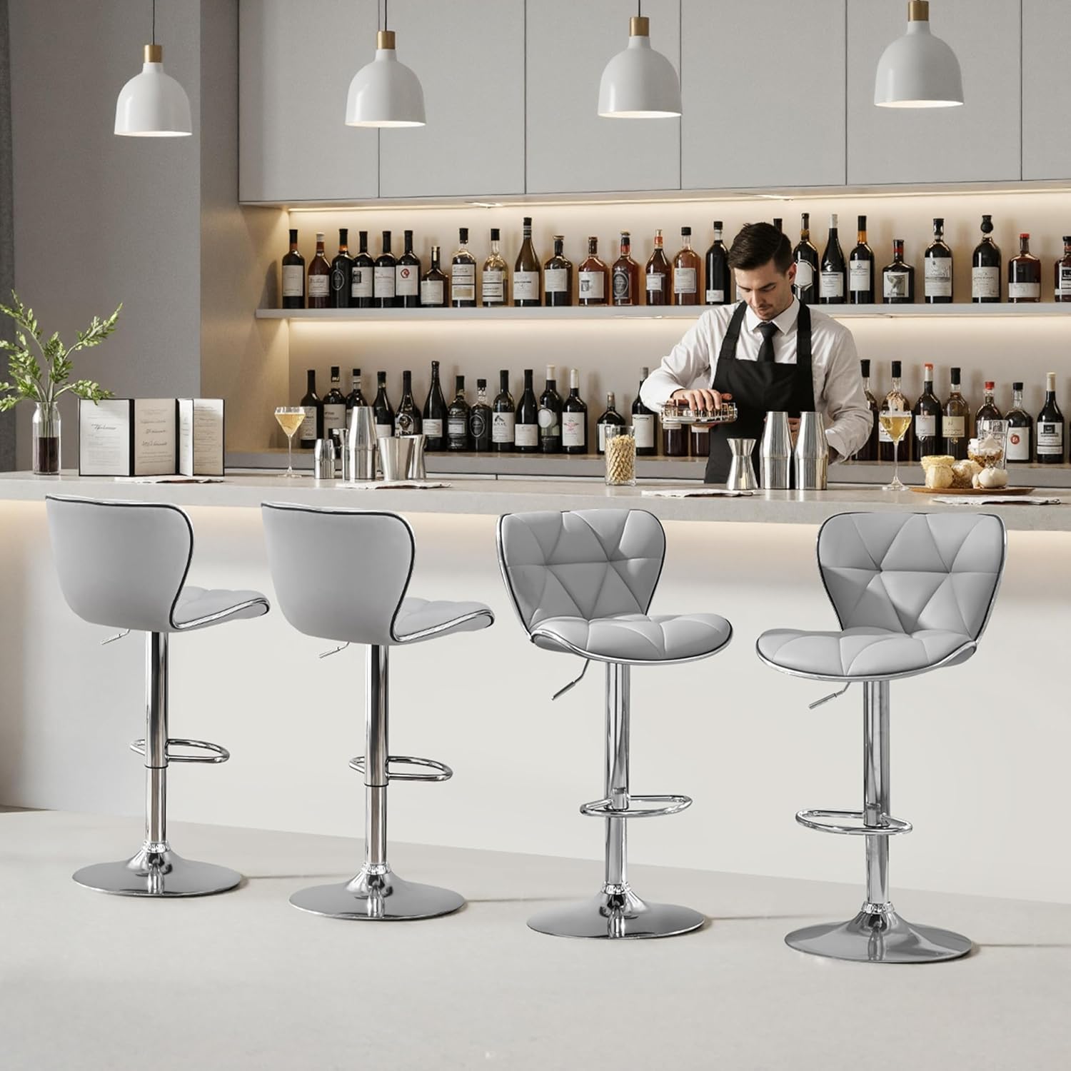 Yaheetech Bar Stools Set of 4, Island Chairs Shell Back, PU Leather Adjustable Barstools, Swivel Barstools with Footrest for Home Kitchen, Light Gray