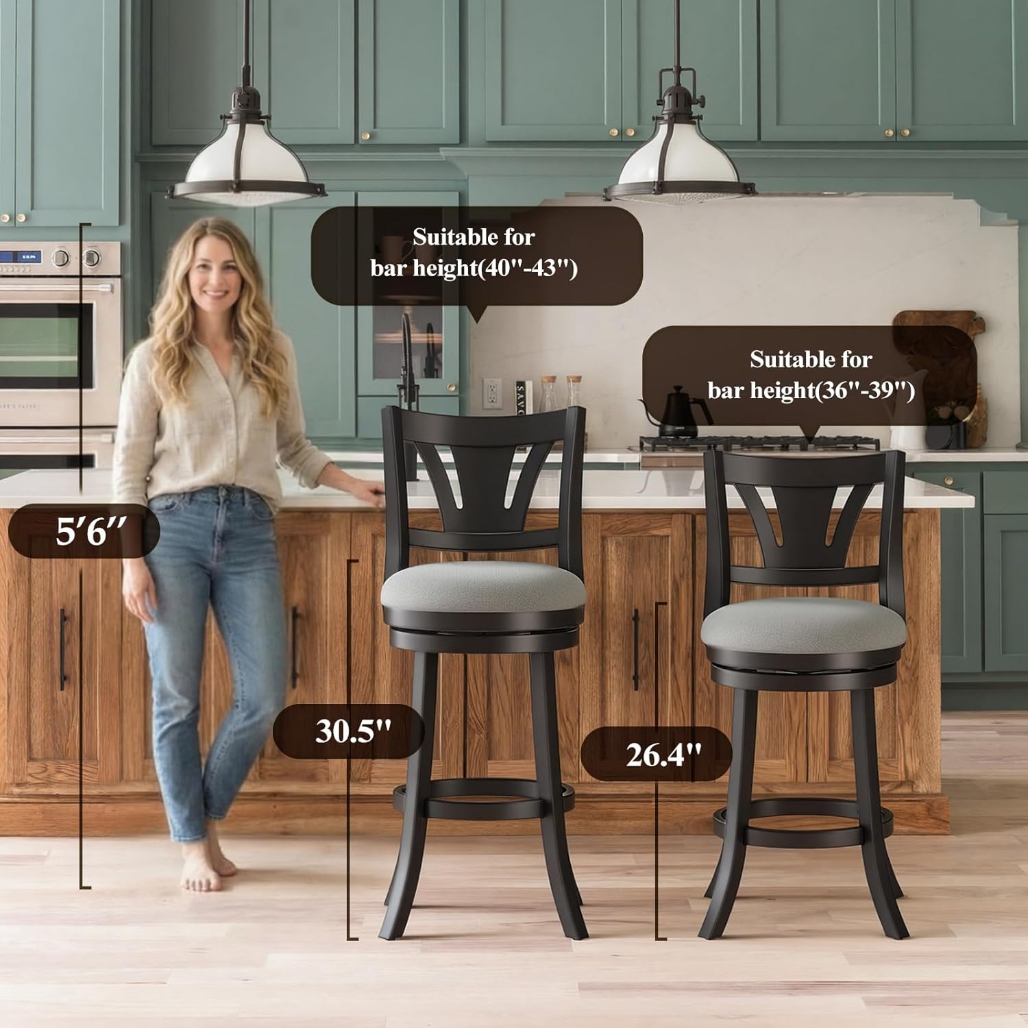MALOL Swivel Bar Stools Set of 2, 26 Inch Counter Height Barstool with Silent Rotation, High-Density Foam Cushion, Solid Wood Frame, Footrest & Anti-Slip Pads for Kitchen Islands and Home Bars (Grey)