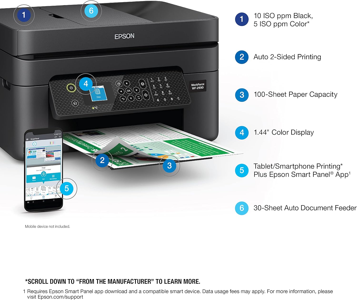Epson Workforce WF-2930 Wireless All-in-One Printer with Scan, Copy, Fax, Auto Document Feeder, Automatic 2-Sided Printing and 1.4" Color Display,Black