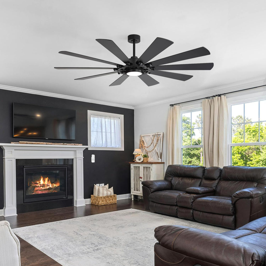 72-Inch Large Room Ceiling Fan with LED Light, 10-Blade Industrial Windmill Fan, Quiet DC Motor with Remote Control, Modern Downrods Mount Ceiling Fan for Great Room, Living Room, Bedroom, Shop