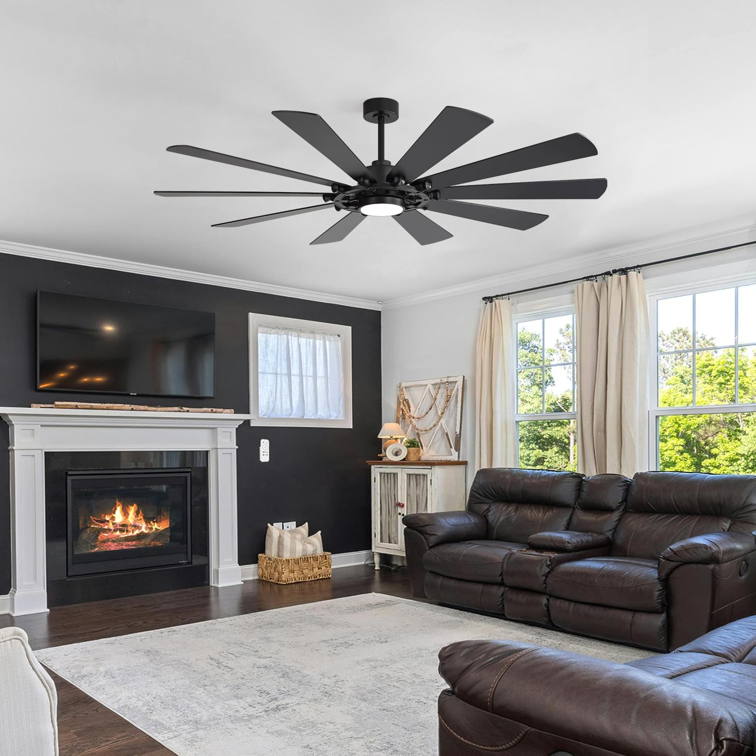 72-Inch Large Room Ceiling Fan with LED Light, 10-Blade Industrial Windmill Fan, Quiet DC Motor with Remote Control, Modern Downrods Mount Ceiling Fan for Great Room, Living Room, Bedroom, Shop