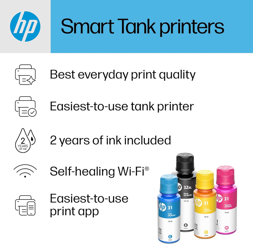 HP Smart Tank Plus 651 Wireless All-in-One Printer, Ink Tank Printer-for-Home Use, 2 Years of Ink Included Auto Document Feeder, Mobile Print, Scan, Copy, Fax, an EcoTank Alternative (7XV38A)