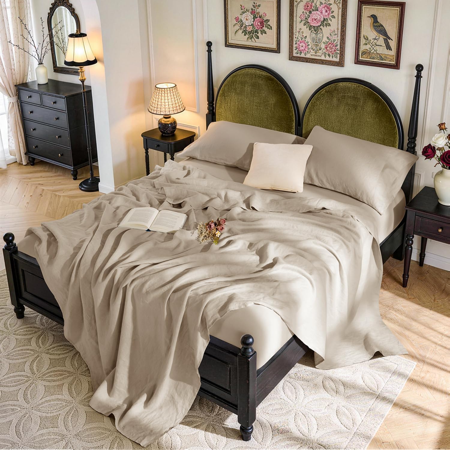 SONORO KATE 100% French Pure Linen Queen Size Sheets, Breathable and Durable Linen Bed Sheets, Anti-Tear, Machine Washable, 16 Inch Deep Pocket - 4 Piece (Natural Linen)
