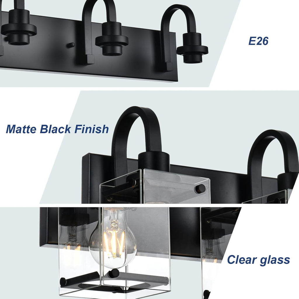 TODOLUZ Modern Vanity Light Fixture Over Mirror,6 Lights Wall Sconce with Clear Glass Shade Bathroom Lighting Black Farmhouse Wall Lamp Bathroom Mirror Kitchen Porch Living Room Workshop