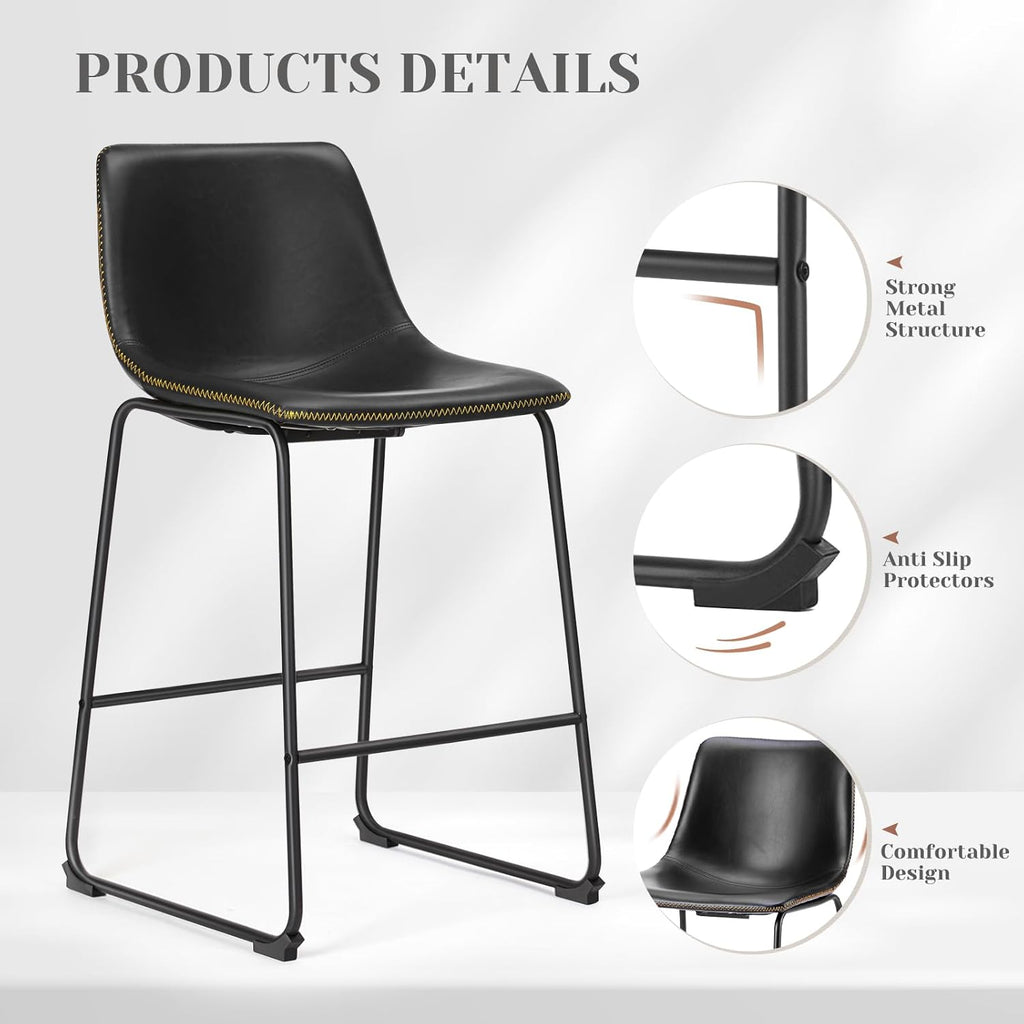 Sweetcrispy Counter Height Bar Stools Set of 4, 30 inch Height Stool Faux Leather Barstools with Back, Armless Kitchen Island Countertop Comfortable Modern Chairs with Metal Legs, Elegant Black