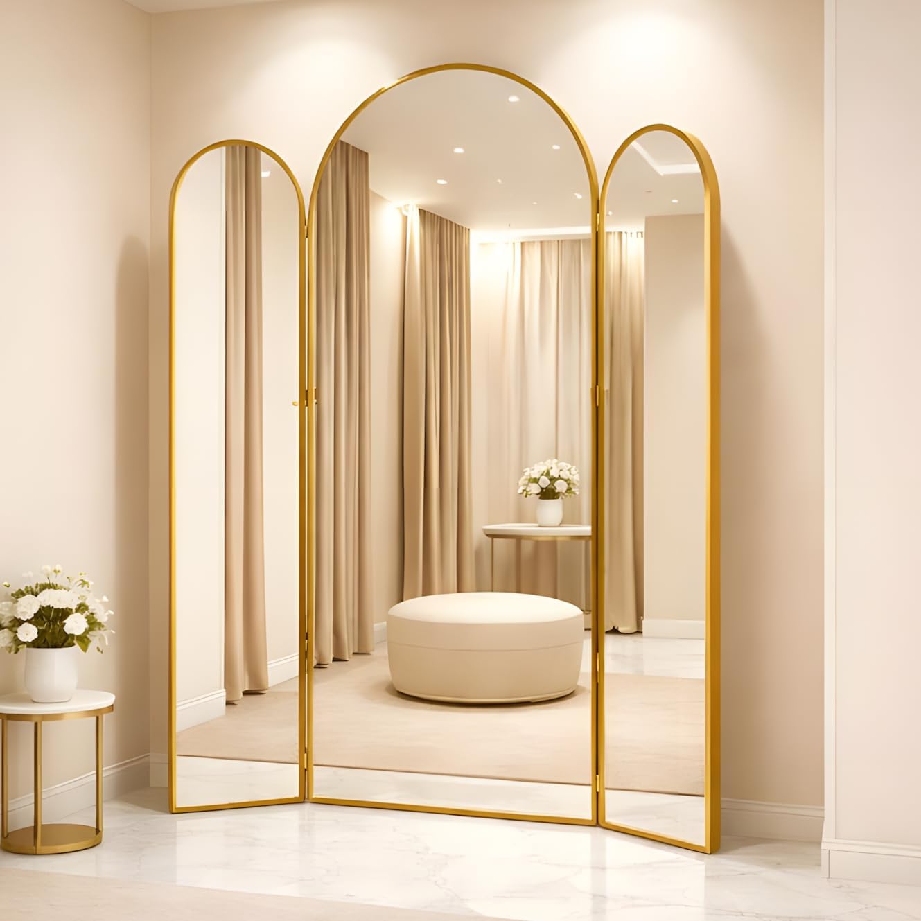 3 Way Arched Full Length Mirror Free Standing, 71"x 52" Large Modern Trifold Mirror with 3 Panel Tempered Glass & Metal Frame, for Dressing Room, Bridal Shop,Clothing Store (Gold, 71"L x 52"W)