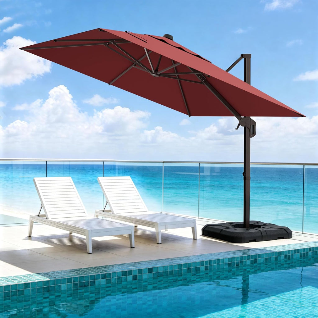 10' X 10' Patio Umbrella Cantilever Outdoor Rectangle Umbrella with Base Included, Heavy Duty 360°Rotation Offset Umbrella for Garden Deck Pool Patio, Red