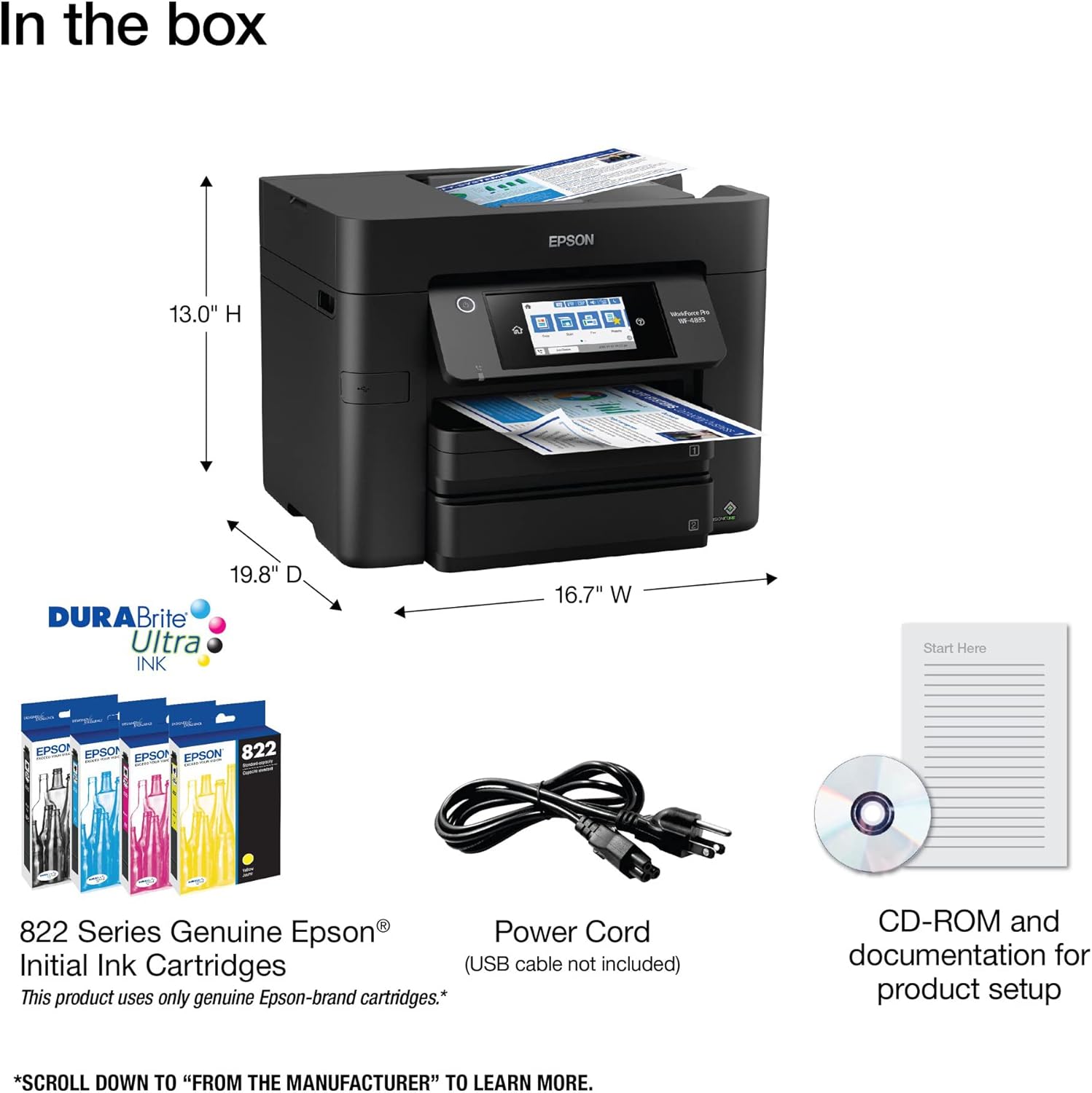 Epson Workforce Pro WF-4833 Wireless All-in-One Color Inkjet Printer, Black - Print Scan Copy Fax - 4.3" LCD, 25 ppm, 4800x2400 dpi, Auto 2-Sided Printing, 50-Sheet ADF, 500-Sheet, Ethernet, DAODYANG