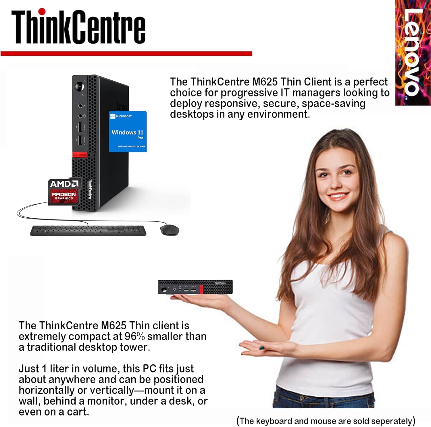 Lenovo Business Mini Desktop PC, AMD Processor, 4GB DDR4 RAM, 128GB PCIe SSD Drive, Dual Display Support, Wi-Fi, Bluetooth, USB & Ethernet Port, Windows 11 Pro, w/Keyboard & Mouse