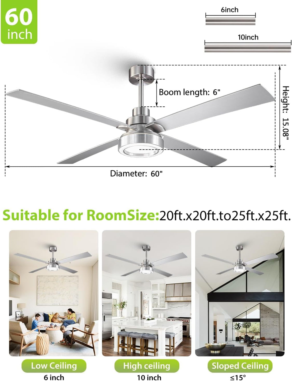 60 Inch Large Ceiling Fans with Lights and Remote/APP, Modern Brushed Nickel Ceiling Fan, 3CCT Dimmable, 6-Speeds Reversible, Quiet High Airflow Fan with Long Downrods for Living Room, Shop