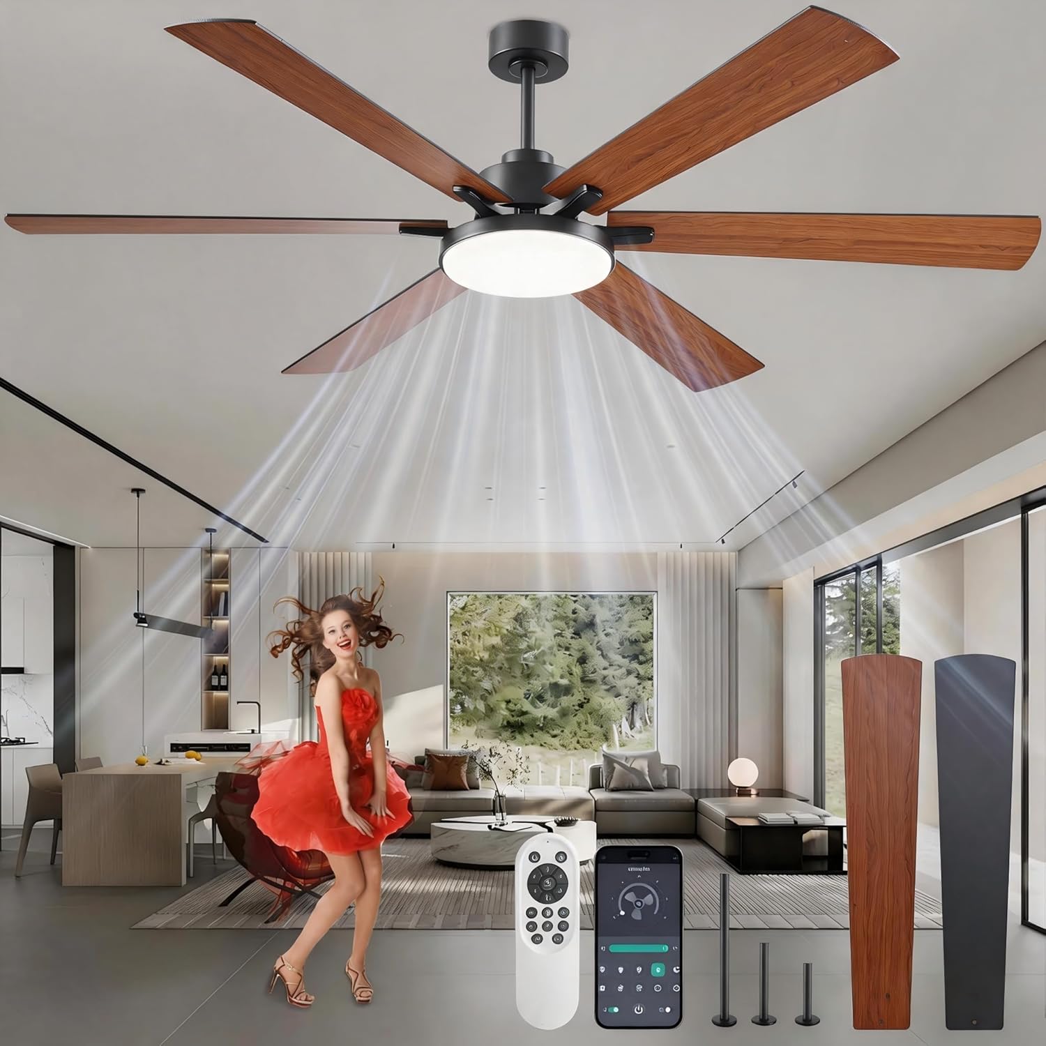 72 inch Ceiling Fans with Lights and Remote Control,Indoor/Outdoor Flush Mount Low Profile Commercial Reversible Dimmable Wood Grain Ceiling Fans for Living Room Patio Industrial Shop.