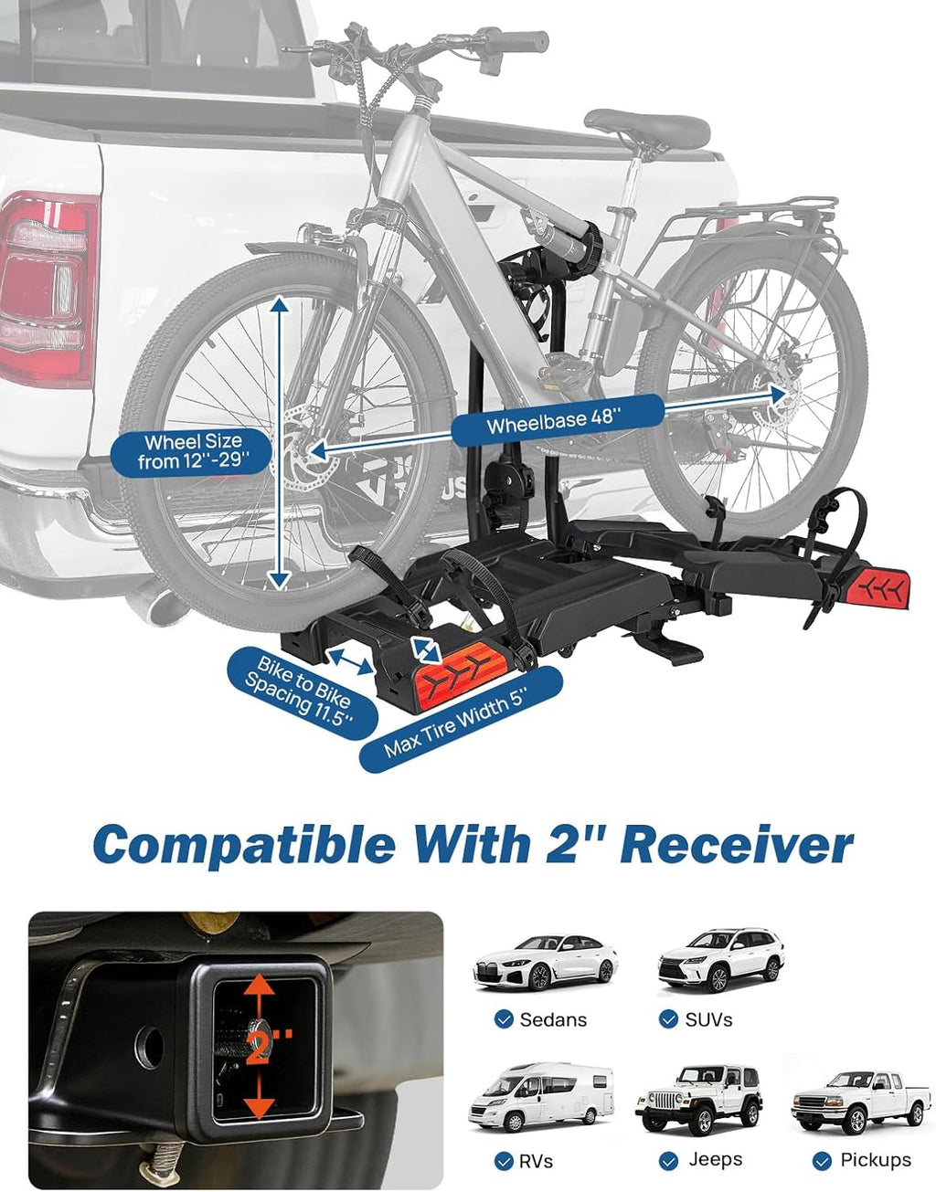 JOYTUTUS Hitch EBike Rack with Ramp for 2 E-Bikes, 200 LBS Capacity Electric Bike Rack for Cars SUVs Trucks, Easy Tilting Foldable Bike Carrier Platform Mount for 2" Receiver, Fits up to 5" Fat Tire