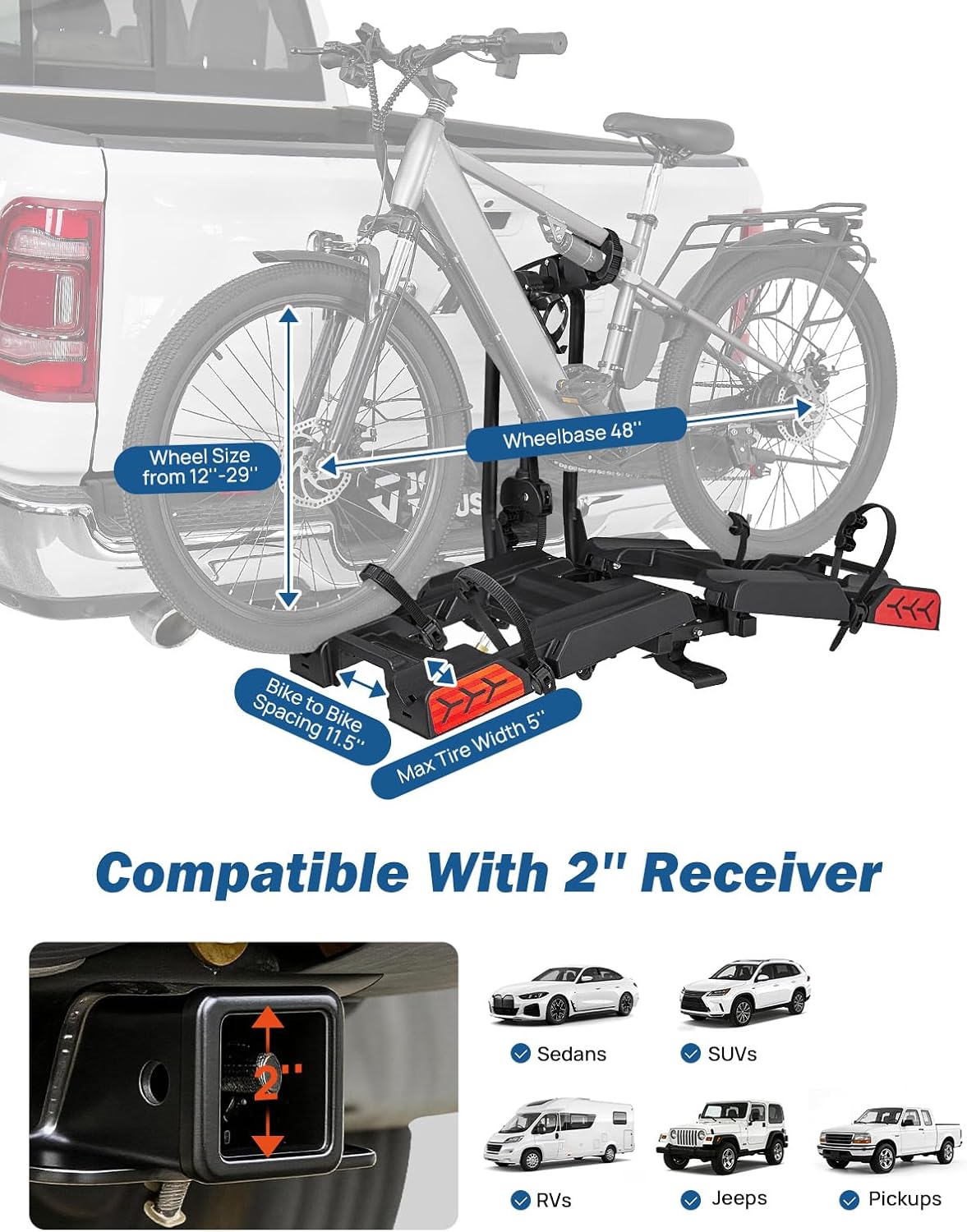 JOYTUTUS Hitch EBike Rack with Ramp for 2 E-Bikes, 200 LBS Capacity Electric Bike Rack for Cars SUVs Trucks, Easy Tilting Foldable Bike Carrier Platform Mount for 2" Receiver, Fits up to 5" Fat Tire