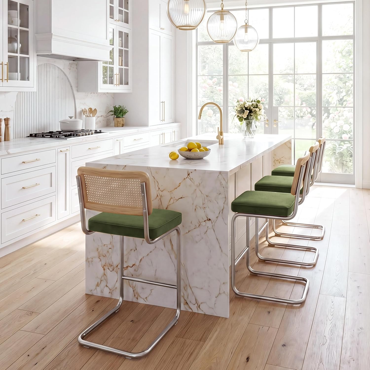 Zesthouse Natural Rattan Bar Stools Set of 2, 26'' Modern Boho Counter Height Barstools with Solid Wood Back, Mid Century Counter Stools with Velvet Cushion, Cane Back Island Chairs for Kitchen, Green