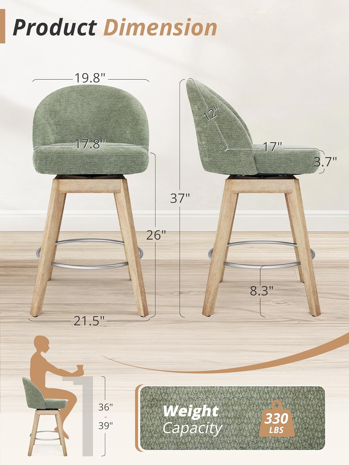 LUE BONA 360° Swivel Bar Stools Set of 3, 26" Counter Height Bar Stools with Backs, Modern Mid-Century Fabric Upholstered Stools with Solid Wood Legs for Kitchen Island, Light Green