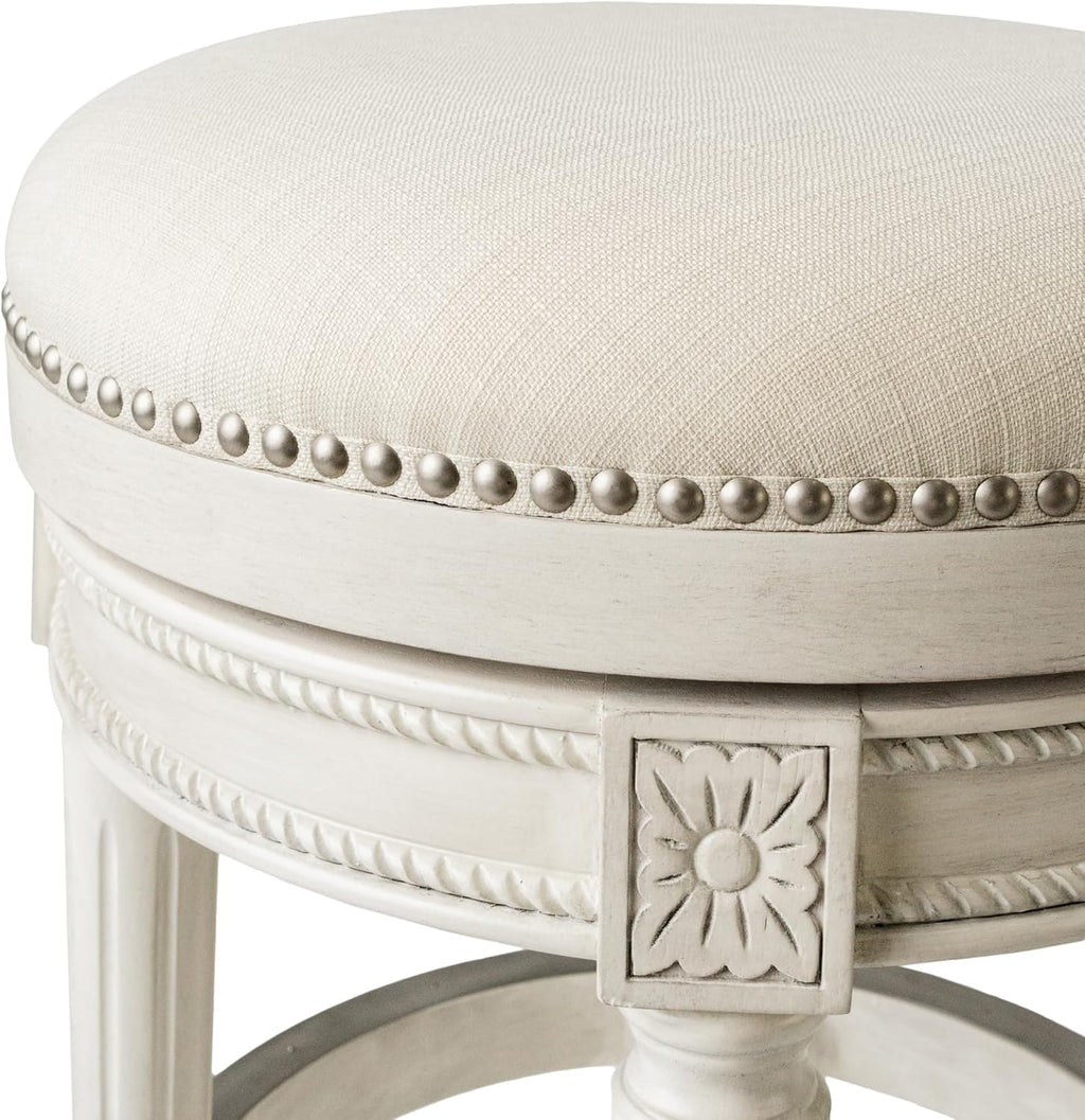 Maven Lane Pullman Backless Bar Stool 31 Inches – Swivel Stool with Footrest – White Solid Wood Frame & Natural Fabric Upholstery – Perfect for Bars, Pub Tables & Tall Kitchen Counters