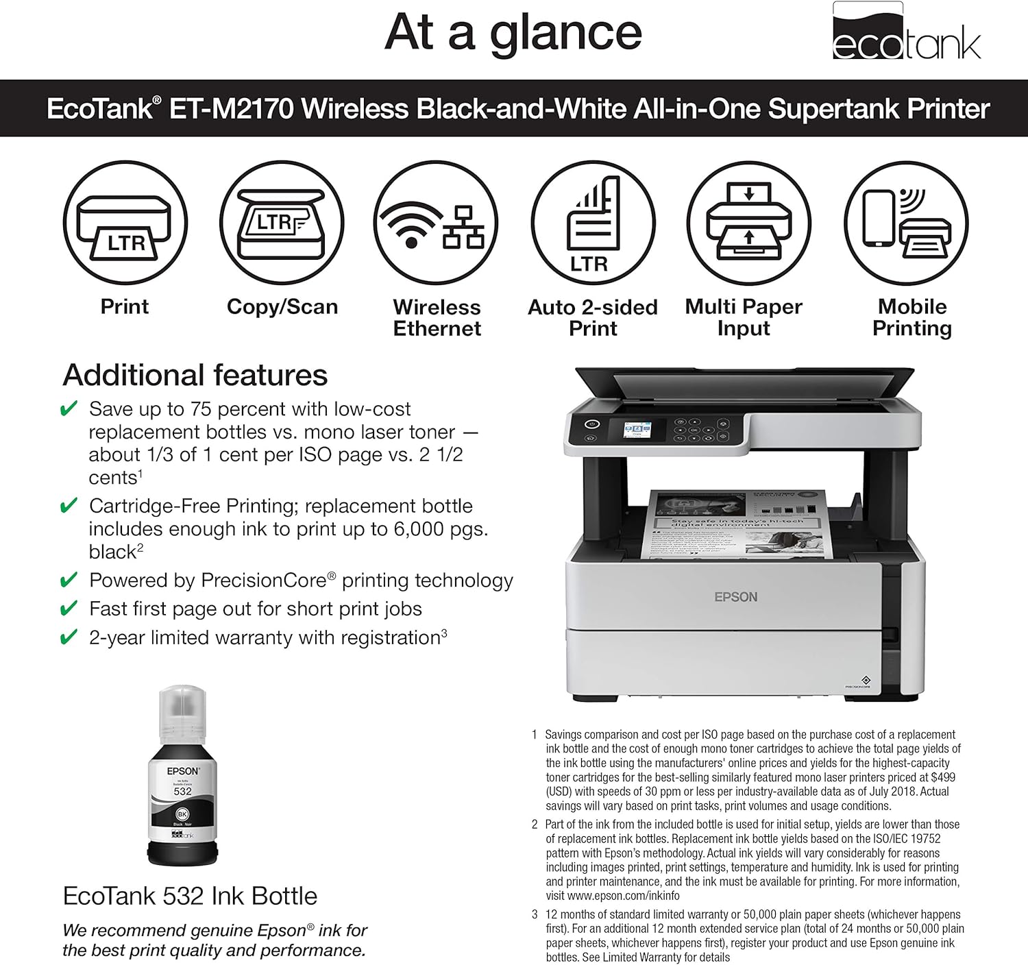 Epson EcoTank ET-M2170 Wireless Monochrome All-in-One Supertank Printer with Ethernet PLUS 2 Years of Unlimited Ink*,White