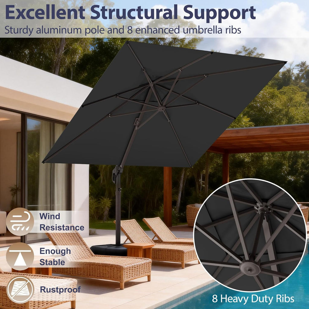 10' X 10' Patio Umbrella Cantilever Outdoor Rectangle Umbrella with Base Included, Heavy Duty 360°Rotation Offset Umbrella for Garden Deck Pool Patio, Grey