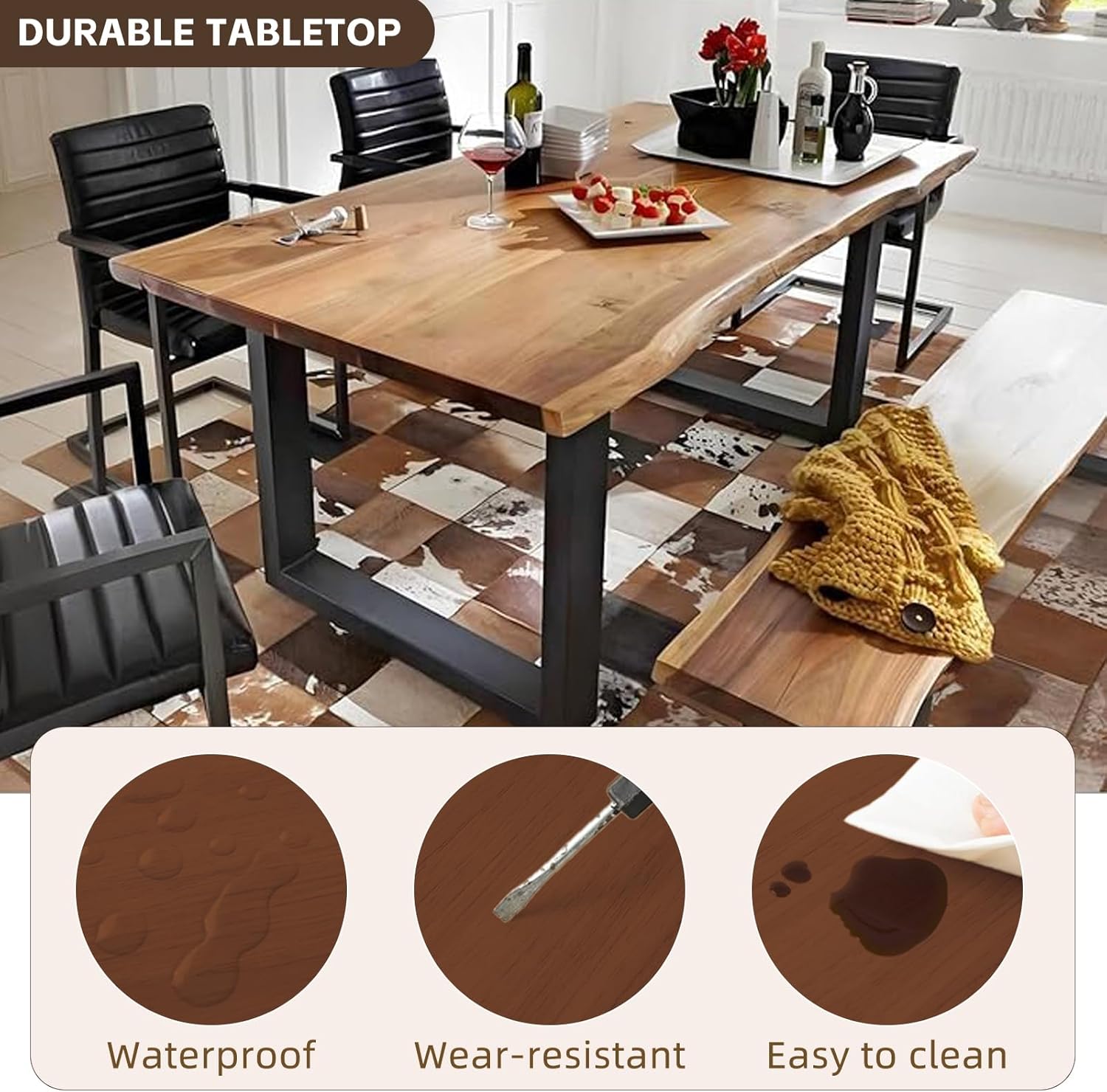 Industrial Solid Wood Dining Table,2" Solid Wood Top,Live Edge Style Kitchen Table for 4-8 People,Farmhouse Dining Room Table for Home, Restaurant or Coffee Shop