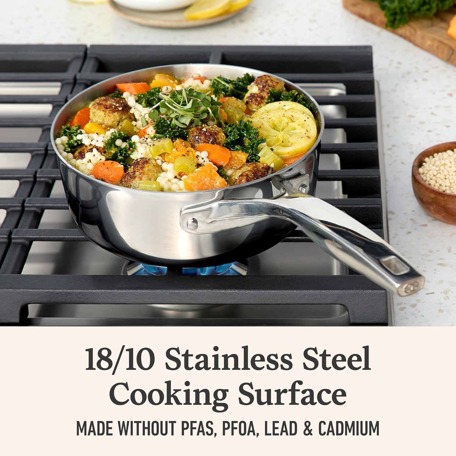 Calphalon Premier Polished 5-Ply Stainless Steel Cookware w/Turbo Heat Tech 2.5Qt Chef's Pan with Lid, Induction, Oven Safe 500F, PFOA Free, Polished Stainless Silver