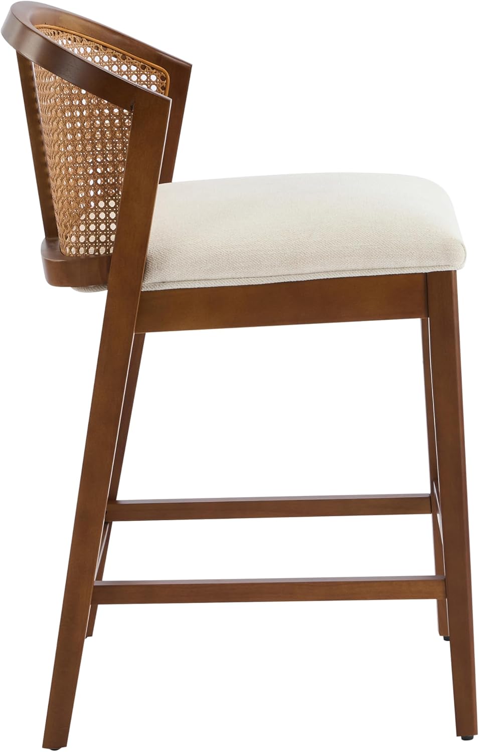 Christopher Knight Home Jane Rattan Counter Stools Set of 4, Counter Height Bar Stools for Bar Table, Rubberwood Frame with Upholstered Barstools, Wood Accent Chair with Footrest, Beige + Walnut