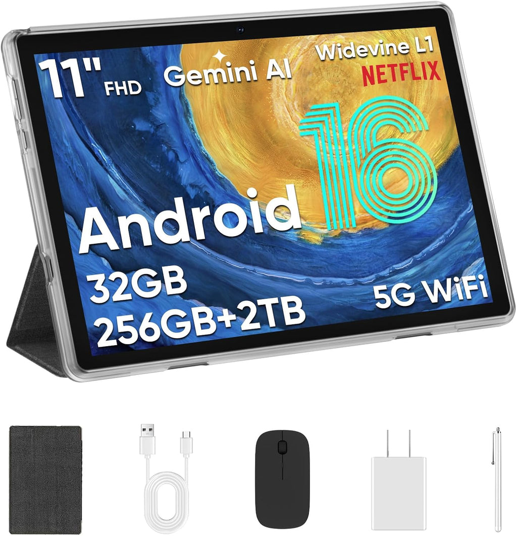 Tablet 11 Inch, Android 16, 32GB RAM+256GB Octa-Core, 8000mAh Battery, 1280 * 800 Touch Screen, 5+8MP Dual HD Camera (Black Case)
