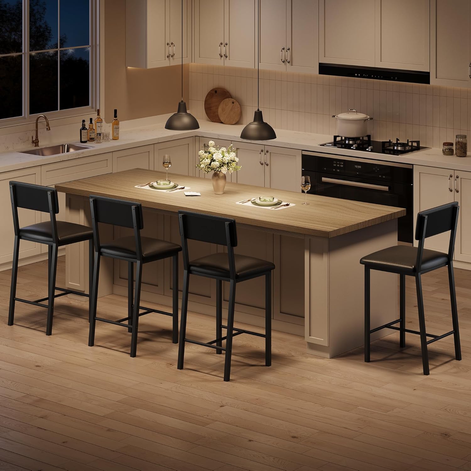GarveeHome Bar Stools Set of 4 w/Soft Back and Upholstered Seat, 24.8 Inches Counter Height Barstools with Footrest & Thickened Metal Legs, for Kitchen Island, Bar, Black