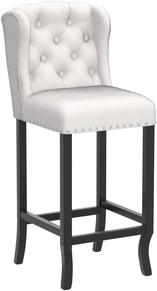 DUOMAY Modern Tufted Bar Stools Set of 2, 30" Bar Height Bar Chairs with Back, Velvet Kitchen Island Chair Barstools with Wood Legs for Dining Room Bar Coffee Shop, White