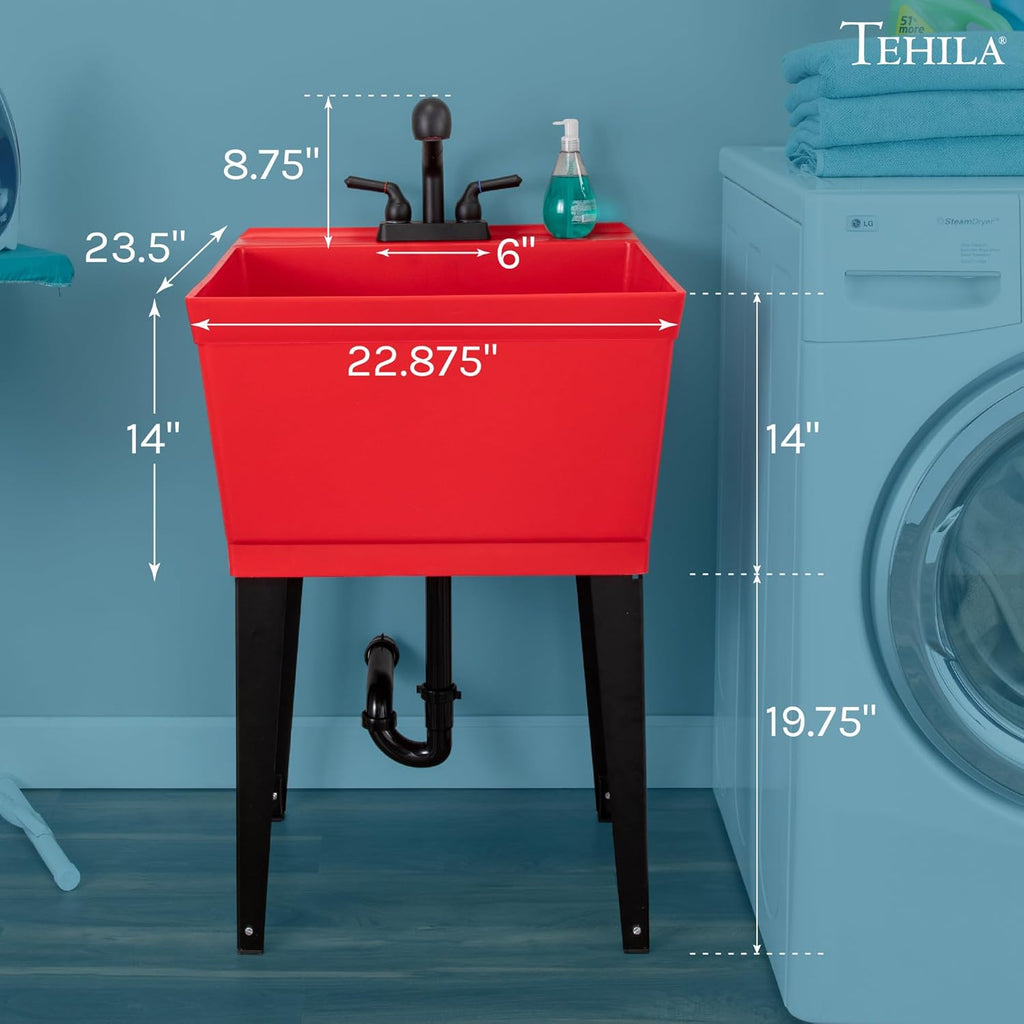 Red Utility Sink Laundry Tub with Black Pull-out Faucet for Laundry Room, Basement, Garage, Shop