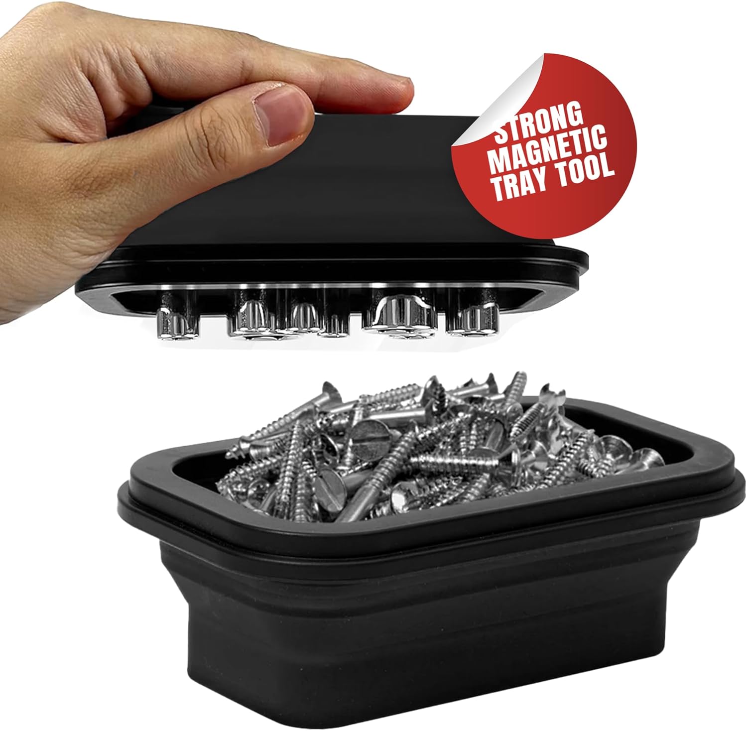 Magnetic Parts Tray Set 3-Pack - Collapsible Silicone Magnetic Tray with Strong Base - Multi-Size (Black)
