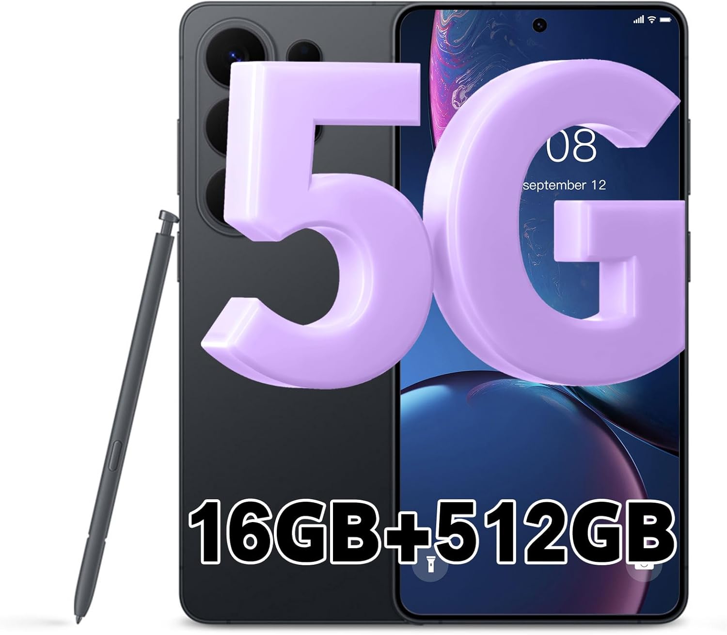 I26 Ultra 5G Unlocked Cell Phones, Build in Pen,16GB+512GB Phone, 108MP Camera, Android 16 Smartphone, 6.9“+120Hz HD Screen, 7000mAh Long Battery Life, Dual SIM, Face ID, GPS-Black