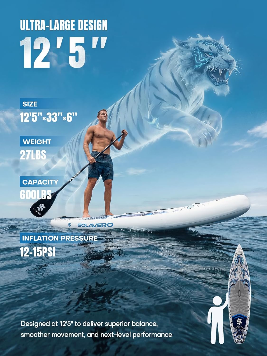 SOLAVERO Inflatable Stand Up Paddle Board, 12'5"×33" Extra Large SUP with Seat Premium Accessories, Anti-Slip EVA Deck for Youth & Adults 600lb Capacity Adventure Paddleboard for Lake, River, Ocean