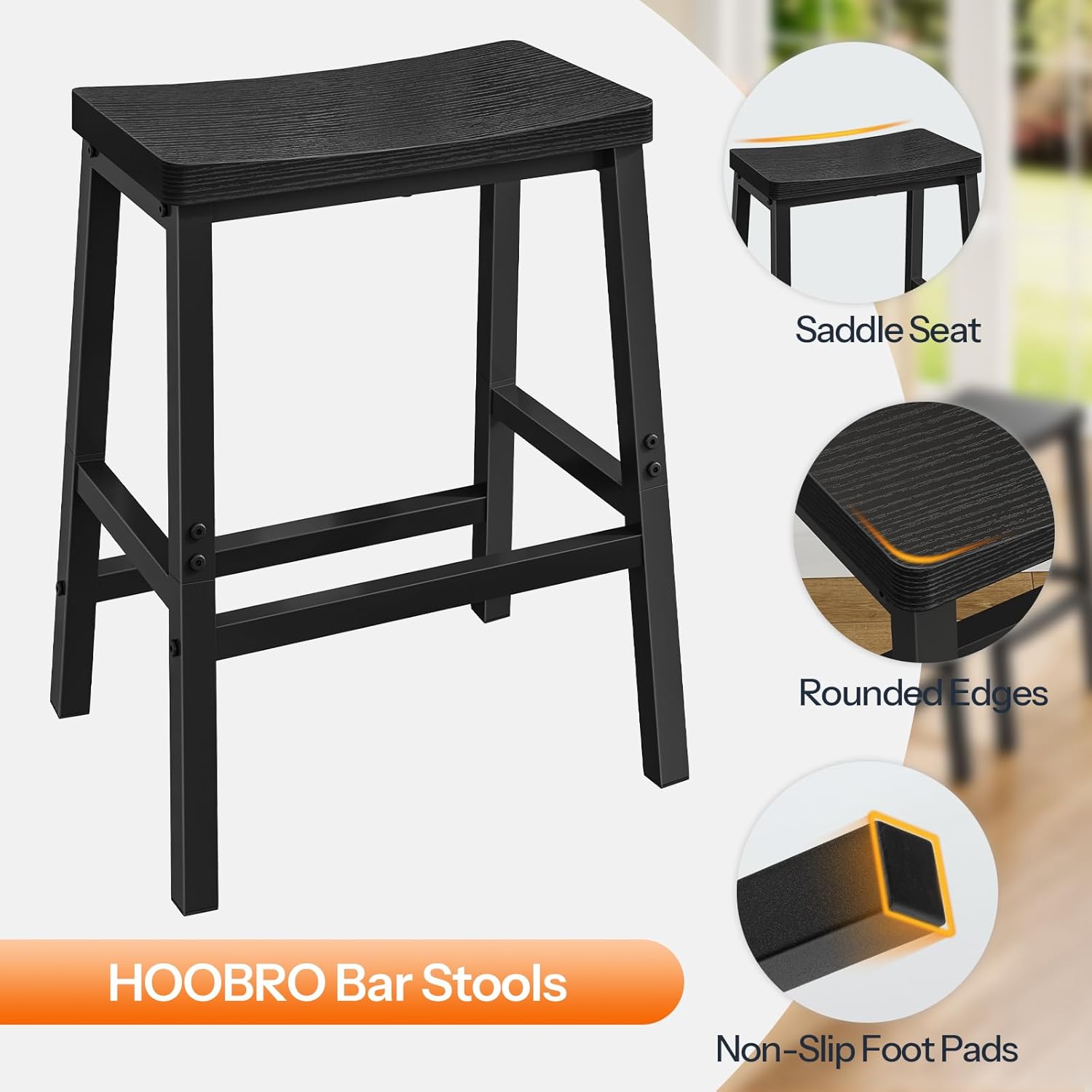 HOOBRO Bar Stools Set of 4, Counter Height Bar Stools, 23.6'' Bar Chairs, Saddle Stools with Footrests, Industrial Barstools for Dining Room, Kitchen, Bar, Black BB02MDP401