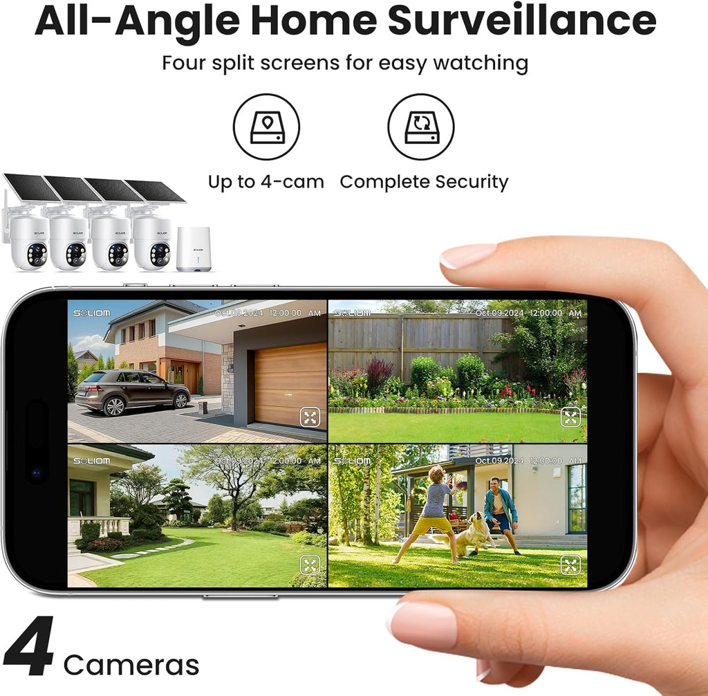 SOLIOM- 5MP Security Cameras Wireless Outdoor, No Subscription & Solar Powered,4-Cam Pack Cameras for Home Security with 360° Auto Motion Tracking, 3K Color Night Vision,5G & 2.4G Router Compatible