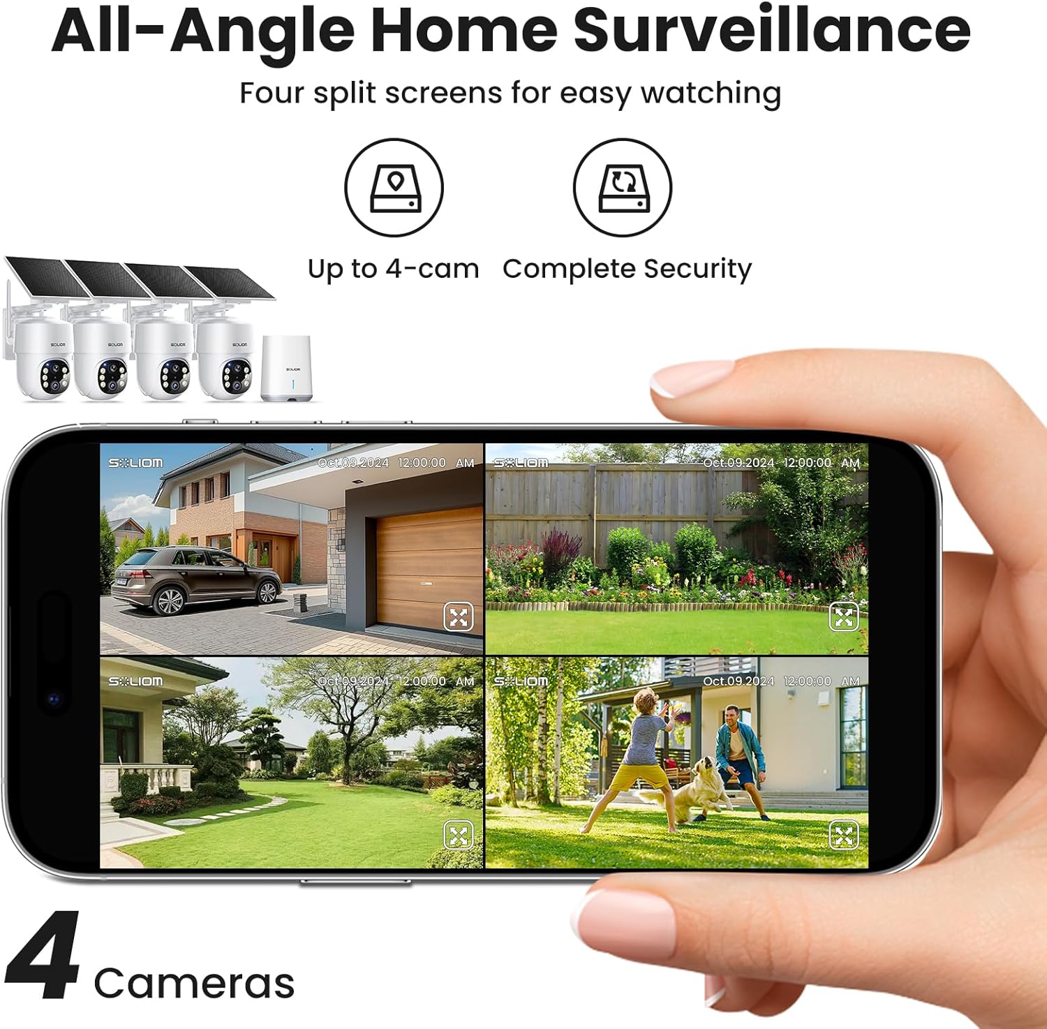 SOLIOM- 5MP Security Cameras Wireless Outdoor, No Subscription & Solar Powered,4-Cam Pack Cameras for Home Security with 360° Auto Motion Tracking, 3K Color Night Vision,5G & 2.4G Router Compatible