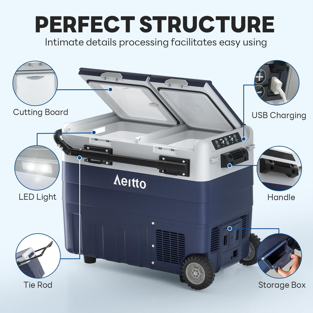 Aeitto 12 Volt Car Refrigerator, 52QT(50L) Dual Zone Portable Car Fridge Freezer -4℉-68℉ Electric Cooler Dual Temp Control Cooling Freezing 12/24V DC & 100-240V AC for Travel, Camping, RV, Road, Home