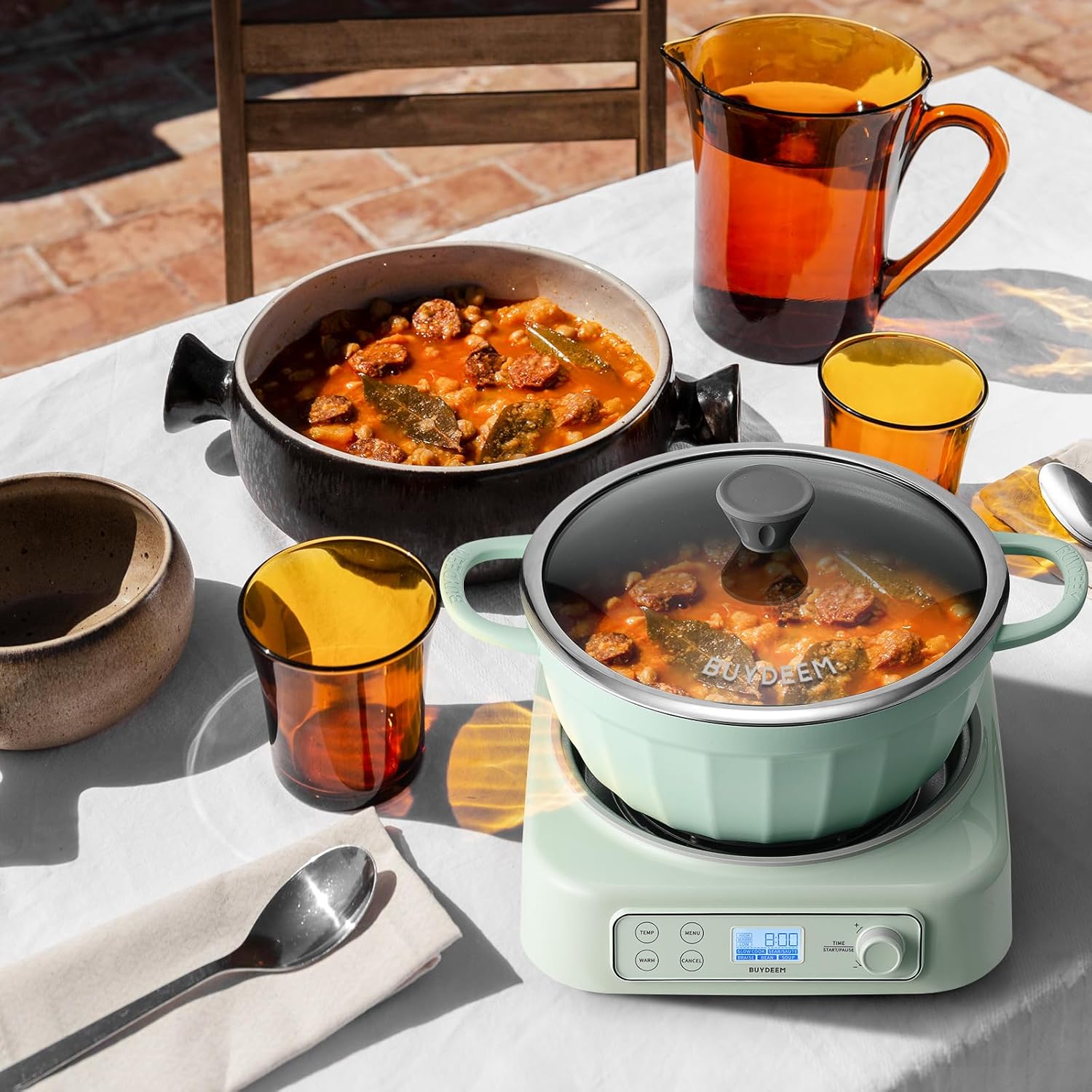 BUYDEEM 5-in-1 Slow Cooker 4.7QT with Removable Nonstick Stockpot, Compatible with Various Cookwares, Two Temperature Controls, Customized Time Settings, Auto Keep Warm for 2H, Cozy Greenish