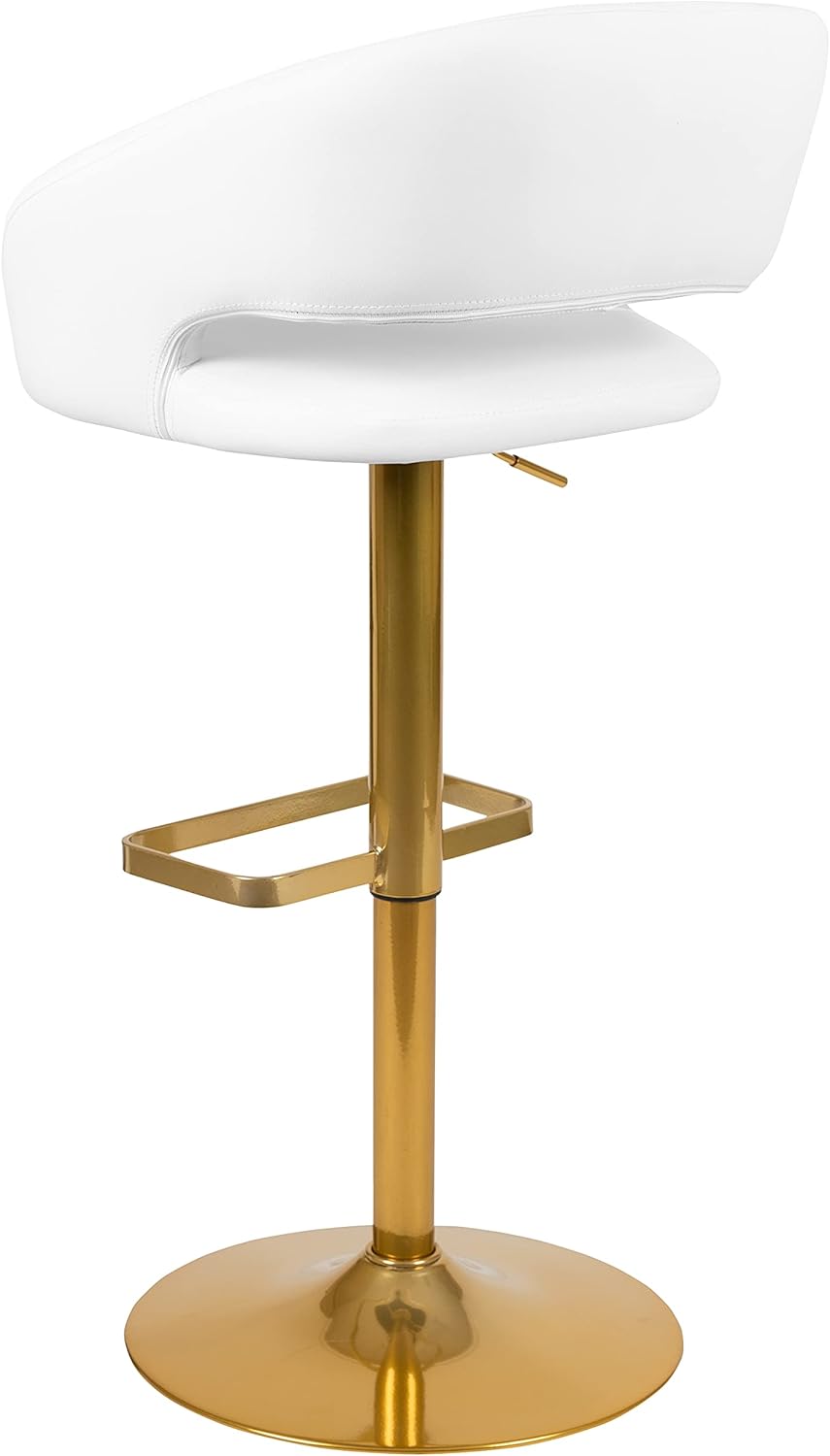 Flash Furniture Erik Contemporary Adjustable Height Barstool with Footrest and Rounded Mid-Back, Upholstered Bar or Counter Height Stool, White/Gold