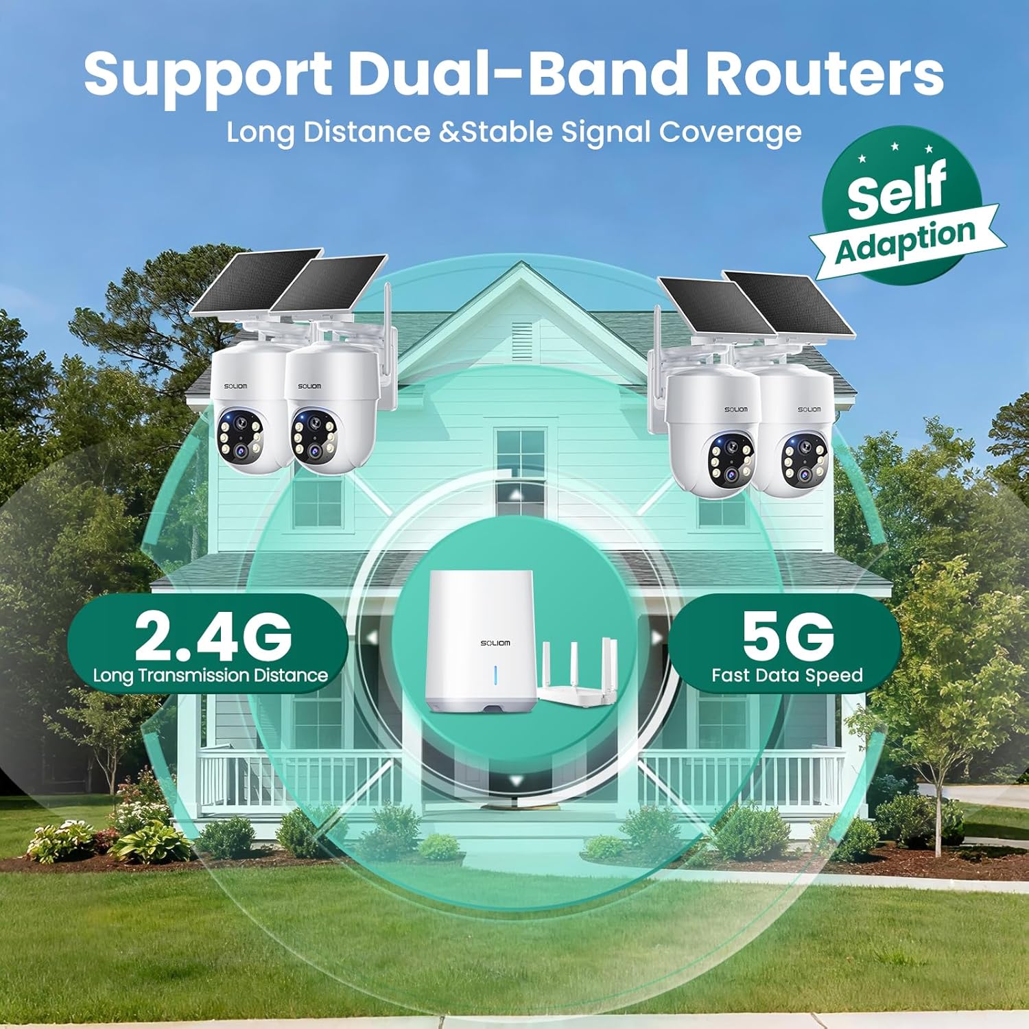 SOLIOM- 5MP Security Cameras Wireless Outdoor, No Subscription & Solar Powered,4-Cam Pack Cameras for Home Security with 360° Auto Motion Tracking, 3K Color Night Vision,5G & 2.4G Router Compatible