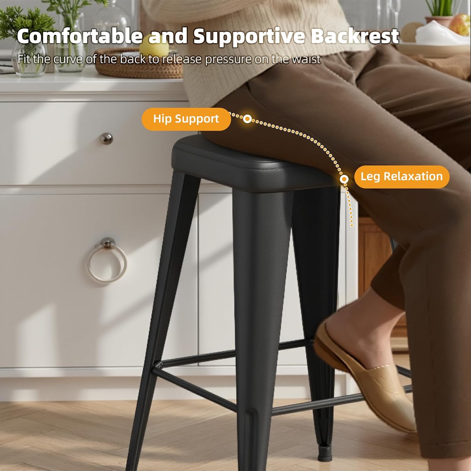 Bar Stools Set of 4, 26" Counter Height Bar Stools Backless, Upholstered Bar Stools with Metal Legs for Kitchen Island, Study Room, Cafe, Black