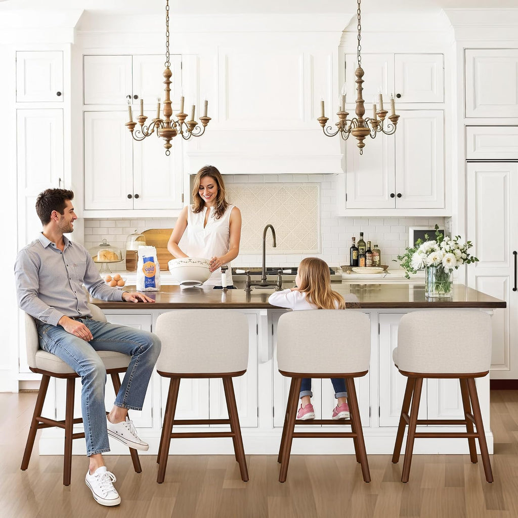 LUE BONA Counter Height Bar Stools Set of 3, Upholstered Barstools with Wooden Legs and Backs, 19.7" W & 27.6" H Counter Stools for Kitchen Counter, Fabric in Beige