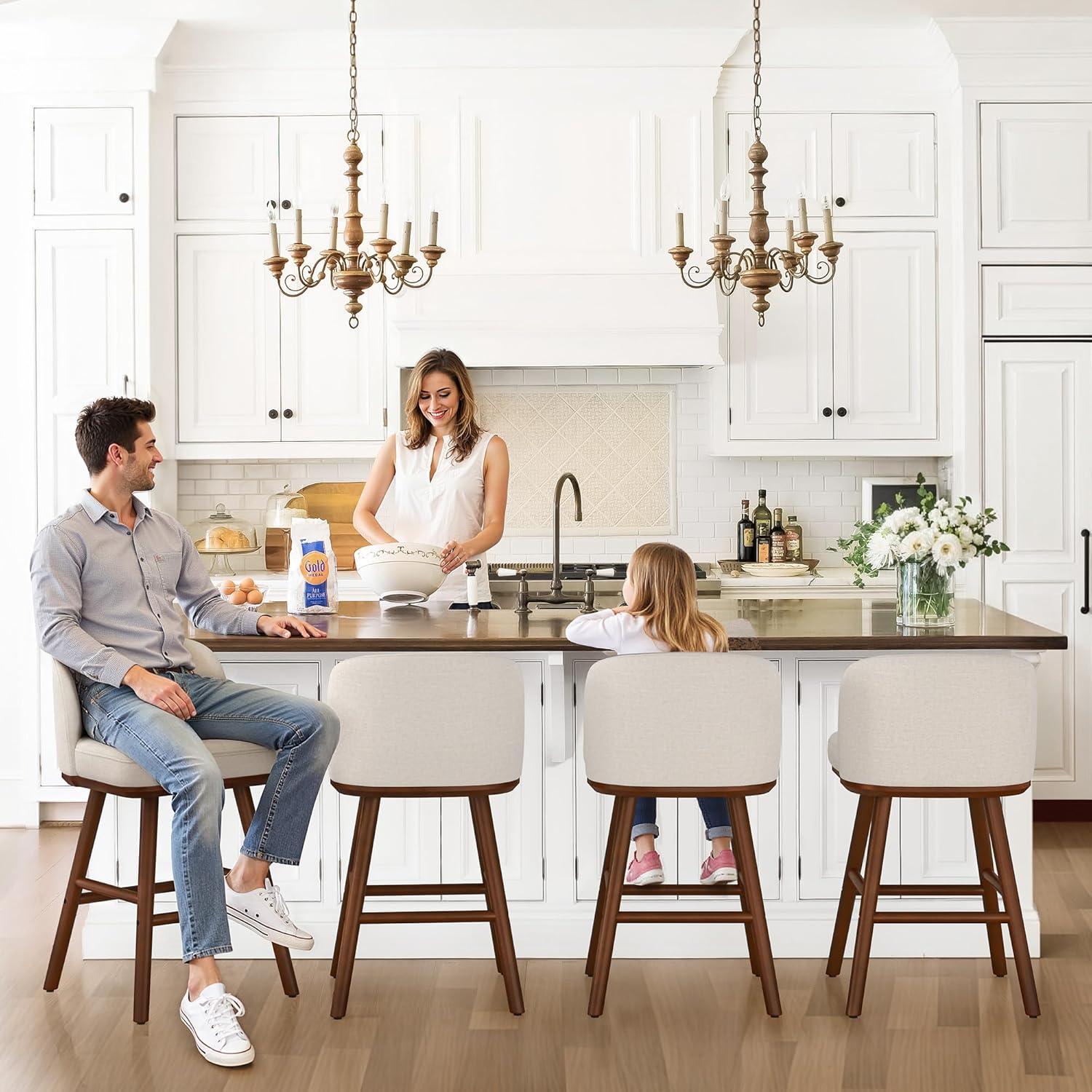 LUE BONA Counter Height Bar Stools Set of 3, Upholstered Barstools with Wooden Legs and Backs, 19.7" W & 27.6" H Counter Stools for Kitchen Counter, Fabric in Beige