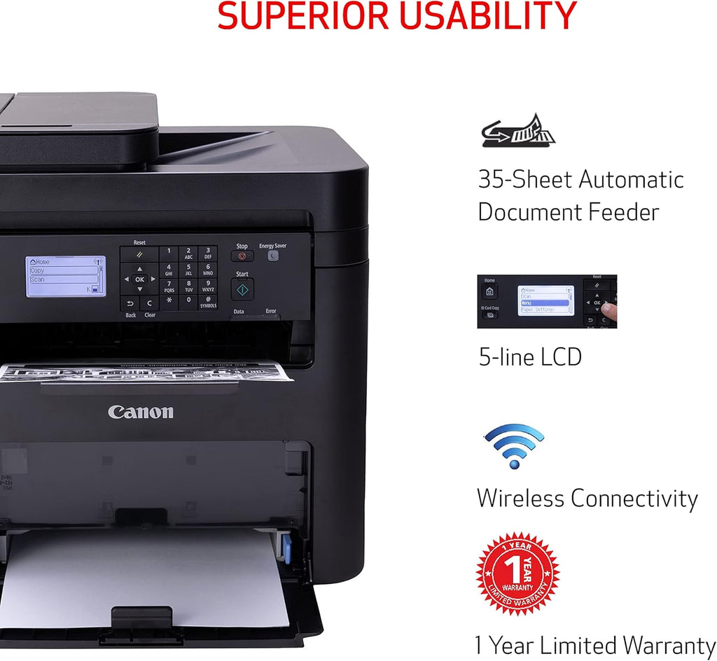 Canon imageCLASS MF273dw - Monochrome Wireless Laser Printer, Multifunction With Scanner, Copier, Auto Document Feeder, With 1 Year Limited Warranty, 30 PPM, Black