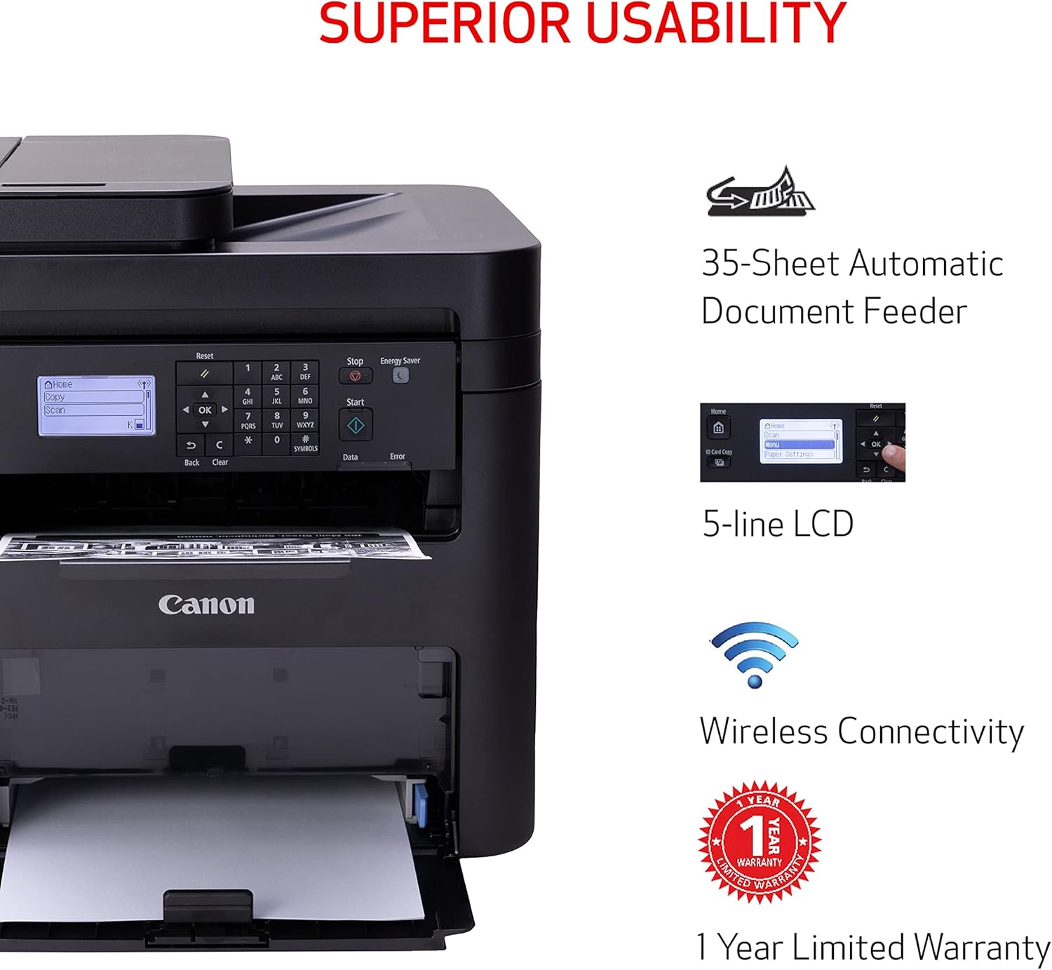 Canon imageCLASS MF273dw - Monochrome Wireless Laser Printer, Multifunction With Scanner, Copier, Auto Document Feeder, With 1 Year Limited Warranty, 30 PPM, Black