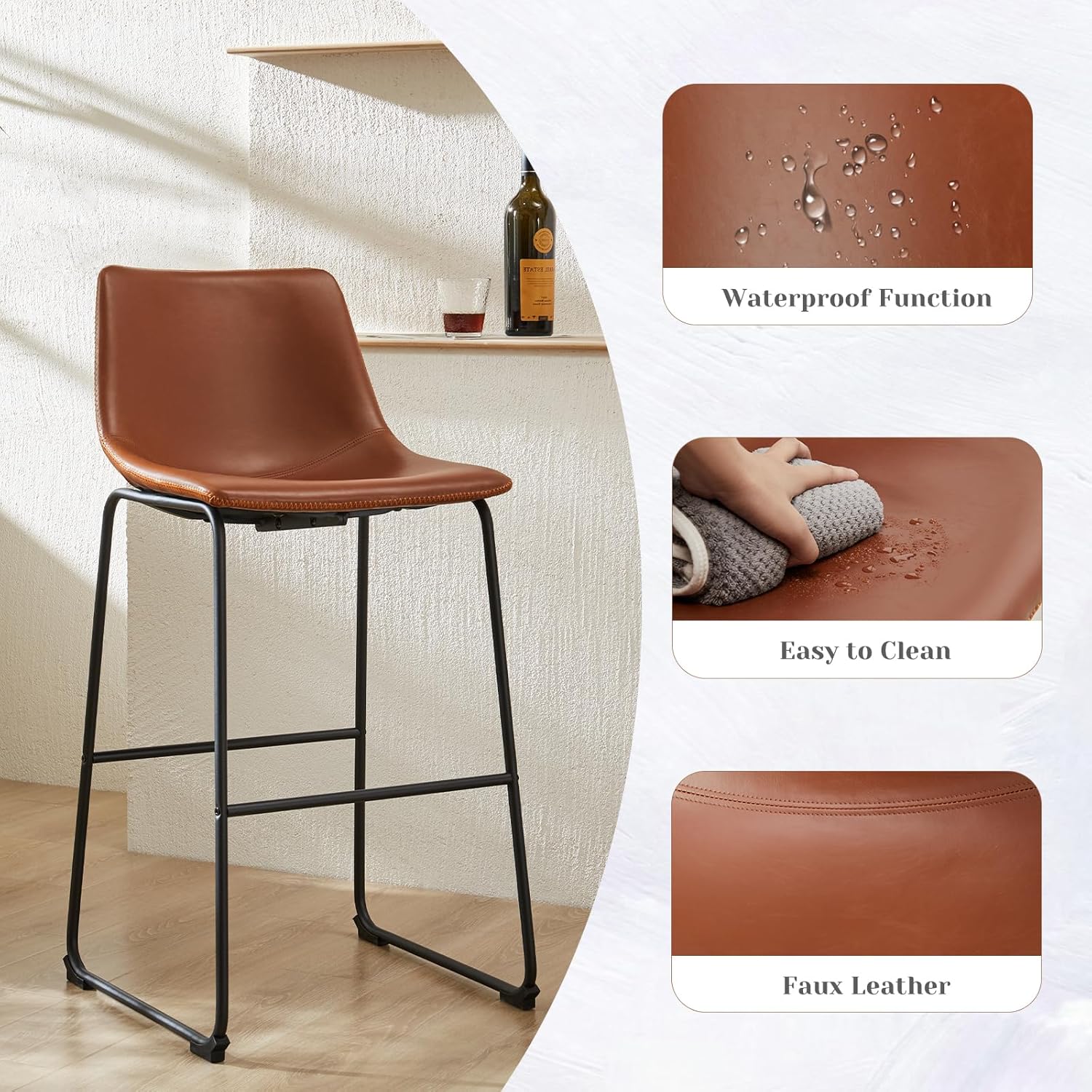 Sweetcrispy Counter Height Bar Stools Set of 2, 30 inch Height Stool Faux Leather Barstools with Back, Armless Kitchen Island Countertop Comfortable Modern Chairs with Metal Legs - Brown